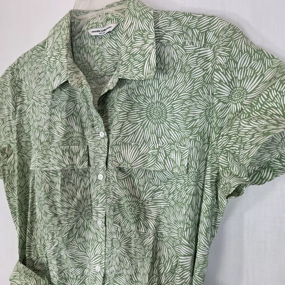 Amanda Uprichard Green & White Floral Belted Mini Shirt Dress - Size L - Picture 3 of 16